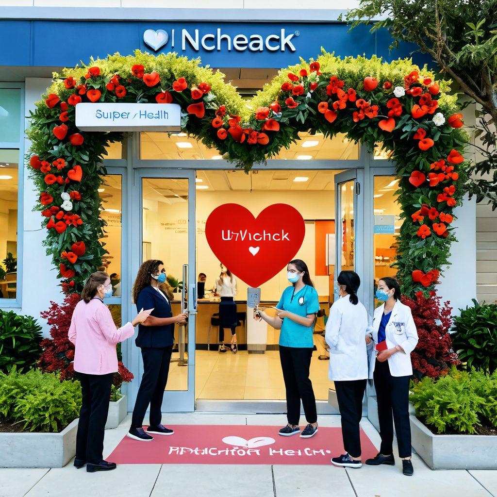 An illustration of a person holding a large key shaped like a heart, standing at the entrance of a modern clinic with various physicians visible inside, engaging with patients in a warm, welcoming atmosphere. Trees and flowers are blooming around the clinic, symbolizing health and growth. A banner above the clinic reads 'Unlock Your Health'. super-realistic. vibrant colors. friendly and inviting composition.