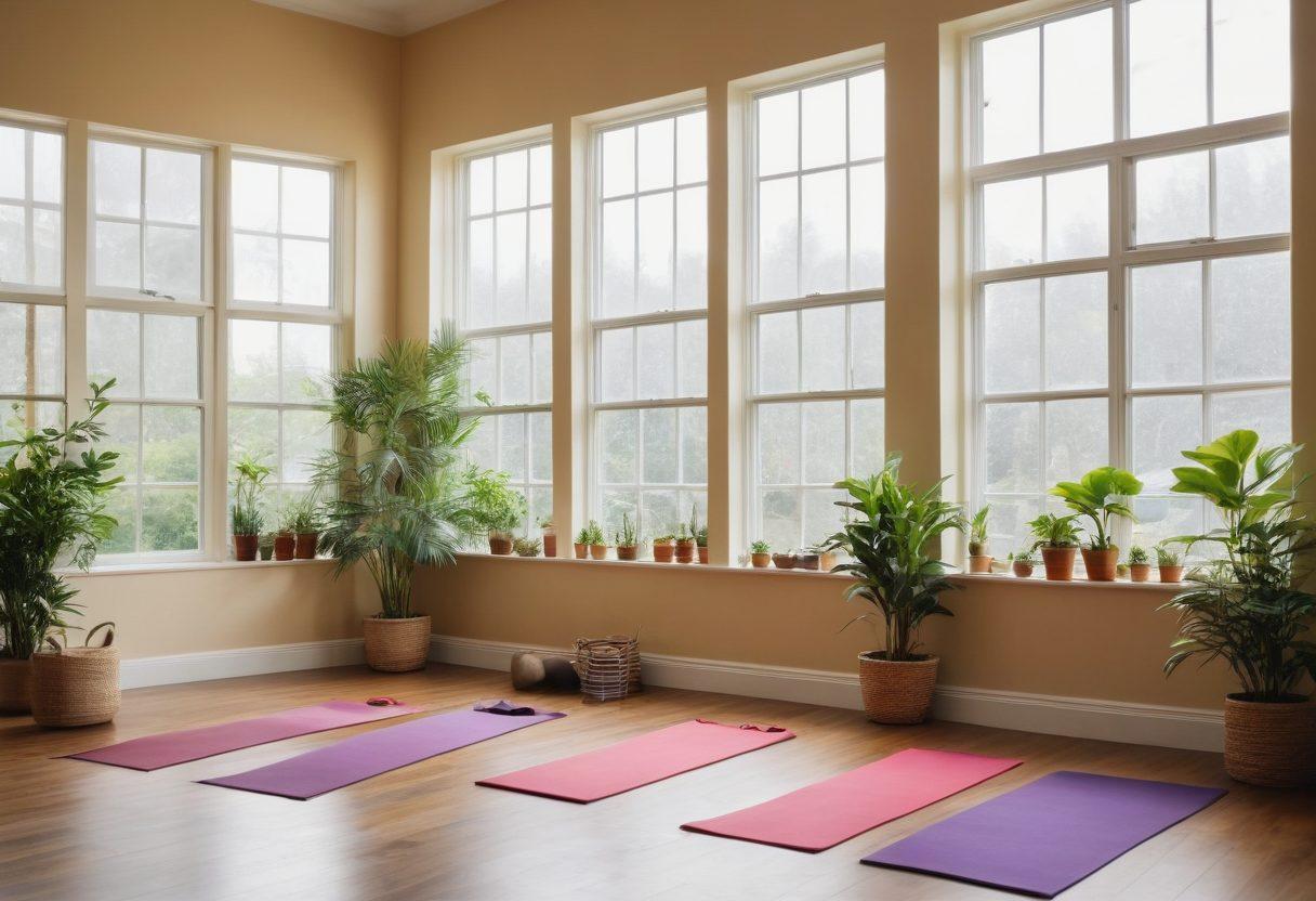 A serene and inviting wellness workspace featuring a diverse group of people engaging in various health activities, such as yoga, meditation, and nutrition planning. Soft natural light filters through large windows adorned with plants, creating a calming atmosphere. Include elements like essential oil diffusers, healthy food displays, and motivational quotes on the walls. Emphasize diversity and inclusivity in the characters. vibrant colors. soft focus.
