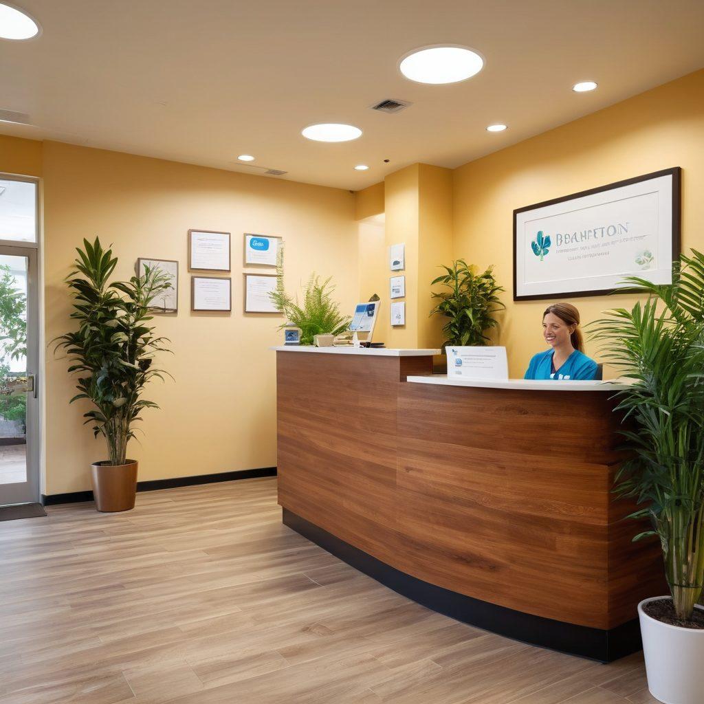 A serene and inviting clinic reception area with a friendly receptionist smiling, diverse patients receiving advice, and clear signage guiding them to various services. Include medical pamphlets and a cozy waiting area with plants and art. The atmosphere should convey warmth and professionalism. vibrant colors. super-realistic.